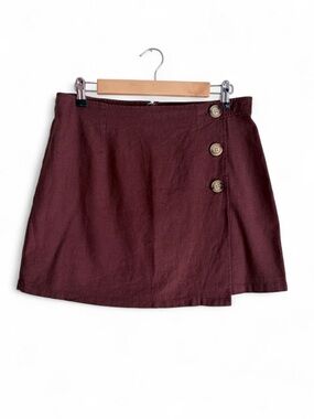 ModCloth Rust Brown Linen Blend Faux Wrap Mini Skirt Size 10